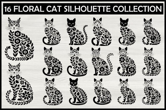 Elevate Projects with 16 Decorative Floral Cat Silhouettes